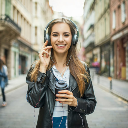 Beautiful happy young woman with headphones listening to musicの素材