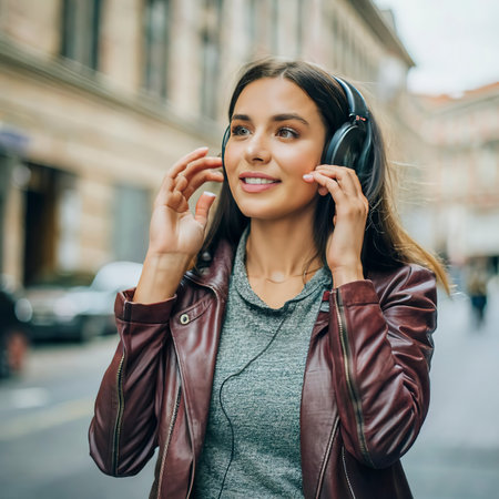 Beautiful happy young woman with headphones listening to musicの素材