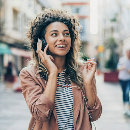 Beautiful happy young woman with headphones listening to musicの素材