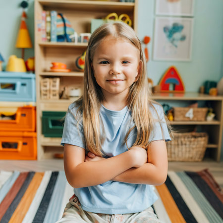 A bright cheerful happy girl with light brown hair in a light pale blue tshirt spends time in a color playroomの素材