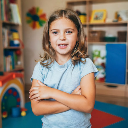 A bright cheerful happy girl with light brown hair in a light pale blue tshirt spends time in a color playroomの素材