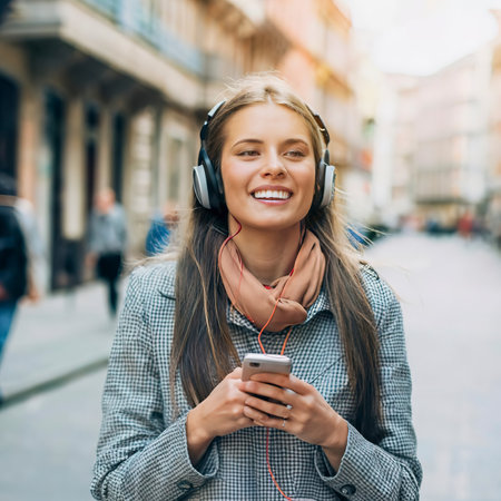 Beautiful happy young woman with headphones listening to musicの素材