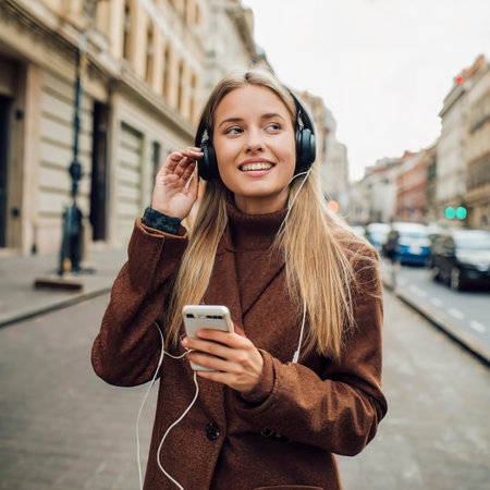 Beautiful happy young woman with headphones listening to musicの素材