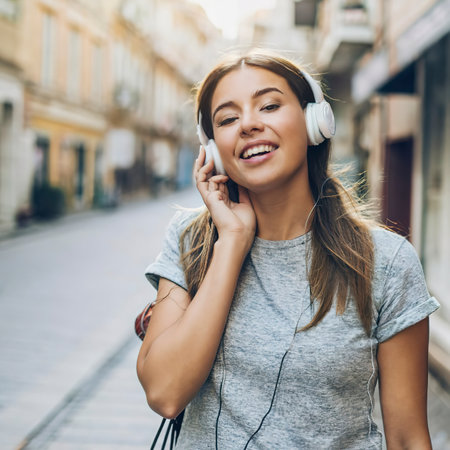 Beautiful happy young woman with headphones listening to musicの素材