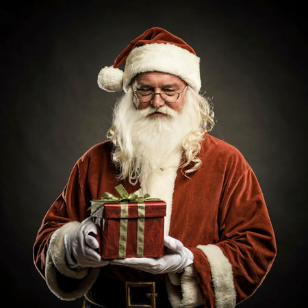 Christmas santa claus with gift box in his handsの素材