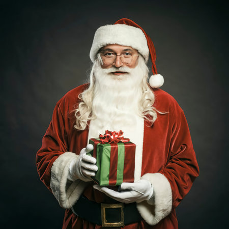Christmas santa claus with gift box in his handsの素材