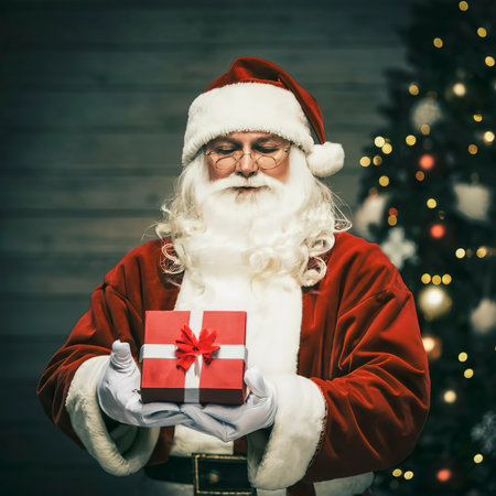 Christmas santa claus with gift box in his handsの素材