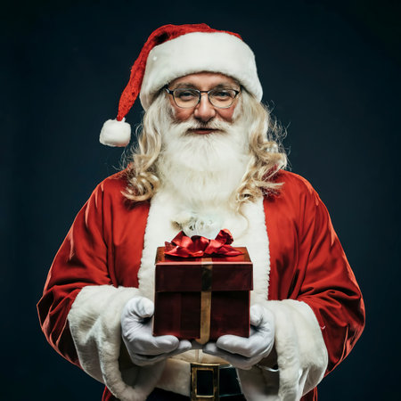 Christmas santa claus with gift box in his handsの素材