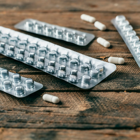 Close up of empty pills of blister pack on tableの素材