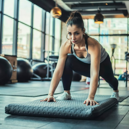 Close up of sporty woman folding yoga mattress in sport fitness gym training center backgroundの素材