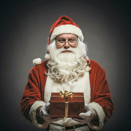 Christmas santa claus with gift box in his handsの素材