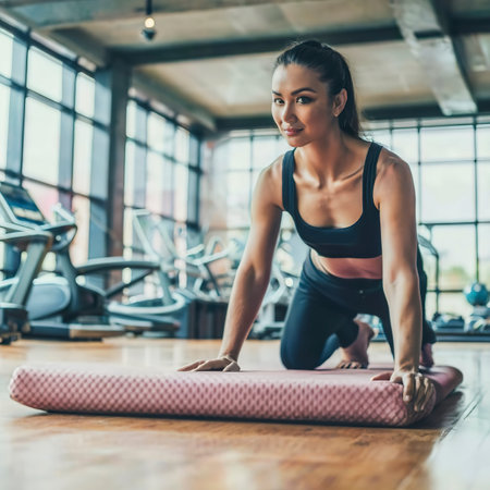 Close up of sporty woman folding yoga mattress in sport fitness gym training center backgroundの素材