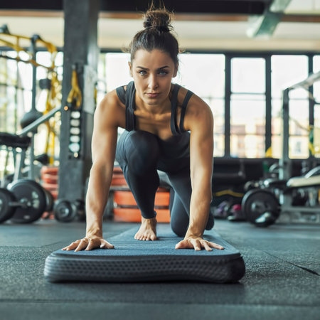 Close up of sporty woman folding yoga mattress in sport fitness gym training center backgroundの素材