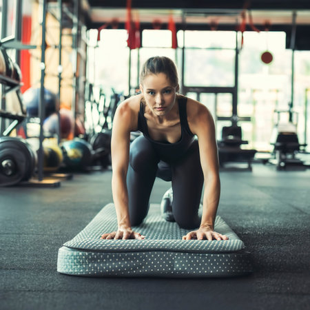 Close up of sporty woman folding yoga mattress in sport fitness gym training center backgroundの素材