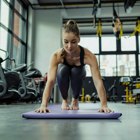 Close up of sporty woman folding yoga mattress in sport fitness gym training center backgroundの素材