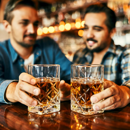 Close-up of two men clink glasses of whiskey drink alcoholic beverage together while at bar counter in the pubの素材