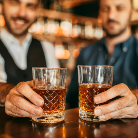 Close-up of two men clink glasses of whiskey drink alcoholic beverage together while at bar counter in the pubの素材