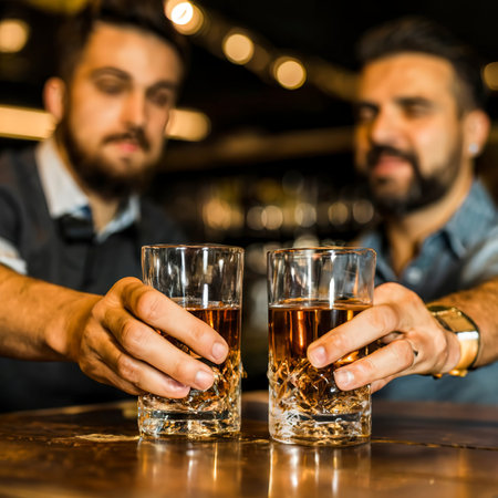 Close-up of two men clink glasses of whiskey drink alcoholic beverage together while at bar counter in the pubの素材