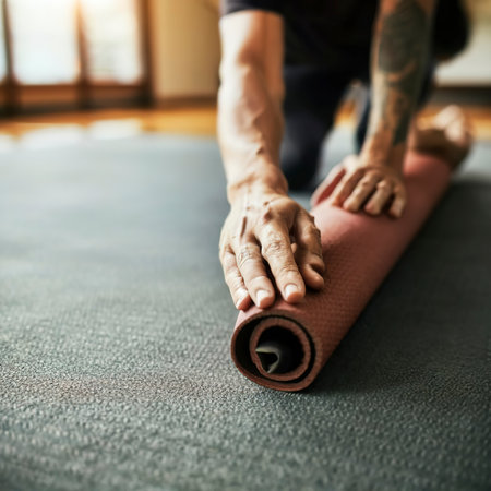Exercise mat rolling keeping after yoga class. Workout and sport training concept. Hands on carpetの素材