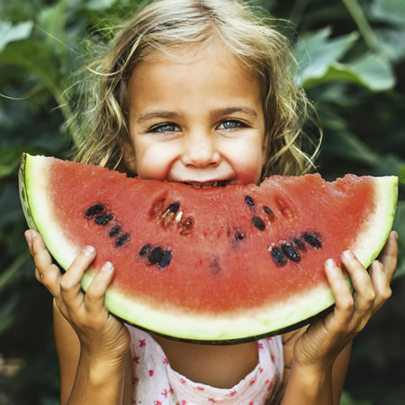Girl eating watermelonの素材