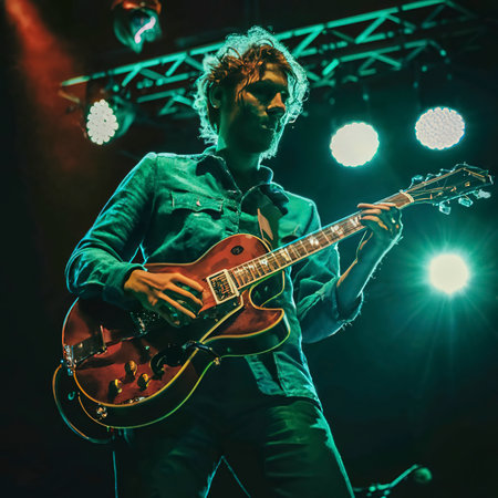 Guitarist playing the guitar in a concert illuminated with neon lightsの素材