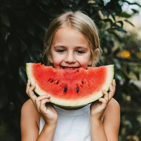 Girl eating watermelonの素材