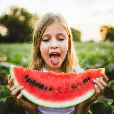 Girl eating watermelonの素材