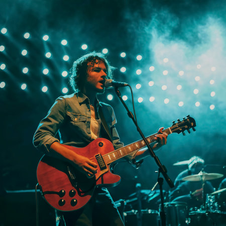 Guitarist playing the guitar in a concert illuminated with neon lightsの素材