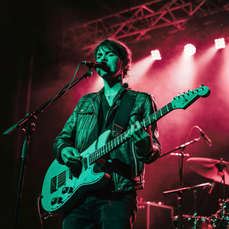 Guitarist playing the guitar in a concert illuminated with neon lightsの素材