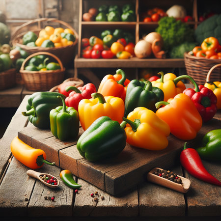 colorful bell peppers on the marketの素材