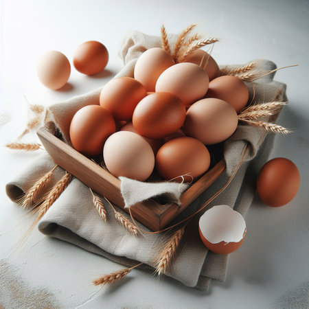 Chicken eggs. Fresh brown eggs on a white background. Copy spaceの素材