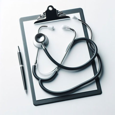 Clipboard with phenendoscope isolated on a white background. Clipboard with white card. Copy spaceの素材