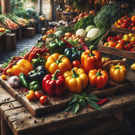 colorful bell peppers on the marketの素材