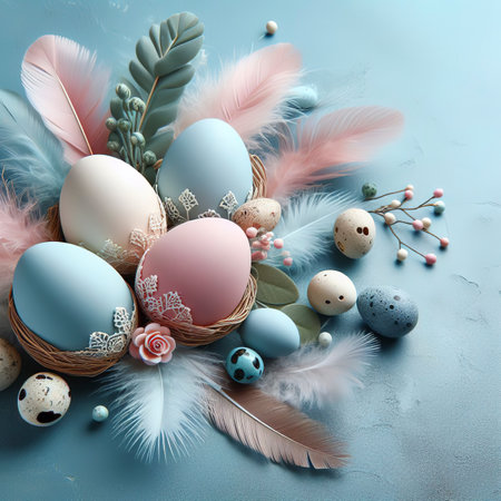 Decorative eggs on a blue background, copy space. Easter compositionの素材
