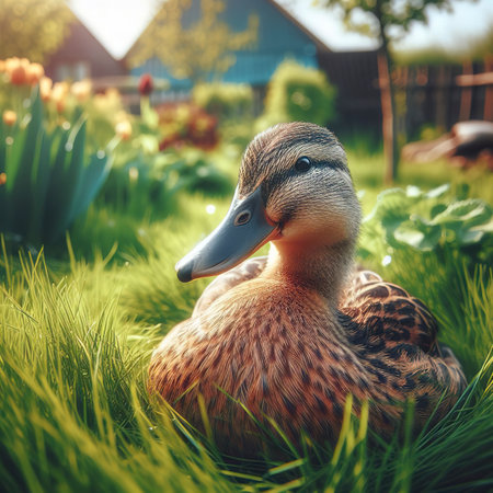 Duck in the grass, close up. Animals living in the villageの素材