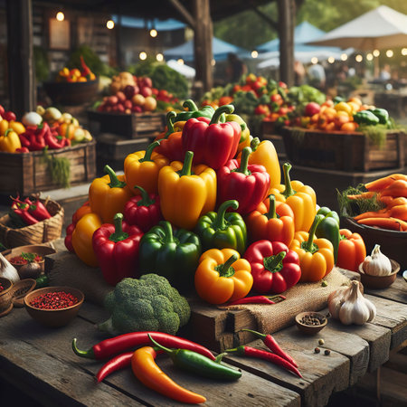 colorful bell peppers on the marketの素材
