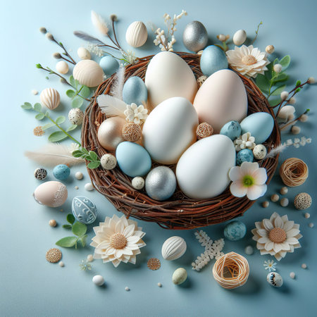 Decorative eggs on a blue background, copy space. Easter compositionの素材
