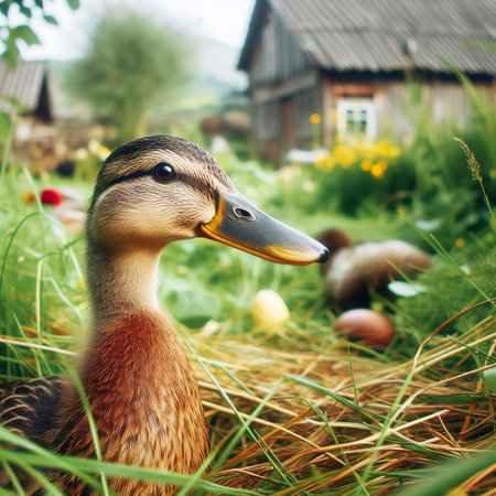 Duck in the grass, close up. Animals living in the villageの素材