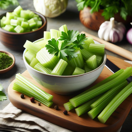 Fresh Chopped Celery Slices in White Bowl with Celery Sticks on Bamboo Cutting Board. Vegan and Vegetarian Cultureの素材
