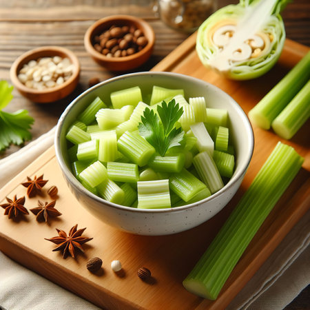 Fresh Chopped Celery Slices in White Bowl with Celery Sticks on Bamboo Cutting Board. Vegan and Vegetarian Cultureの素材
