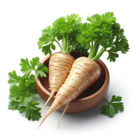 Fresh parsley root isolated on white. Diet and healthy eatingの素材