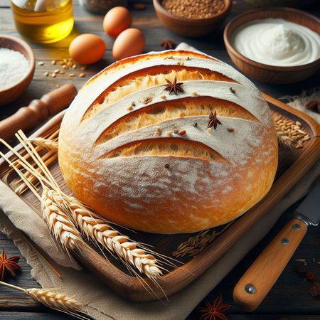 Freshly baked wheat bread. Front view. The concept of home bakingの素材
