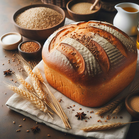 Freshly baked wheat bread. Front view. The concept of home bakingの素材
