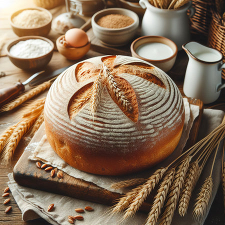Freshly baked wheat bread. Front view. The concept of home bakingの素材