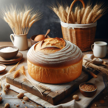 Freshly baked wheat bread. Front view. The concept of home bakingの素材