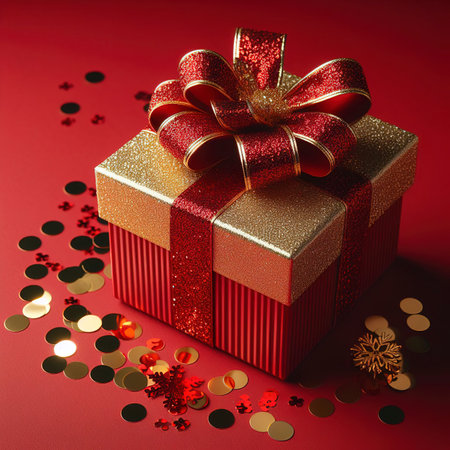 Gift box with gold bow and red sequins on a red background. The concept of celebrating different holidays. Copy spaceの素材
