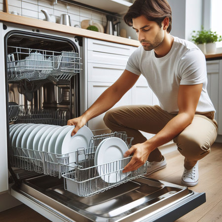 Housework open the dishwasher and the person puts the plate in the machine. High quality photoの素材