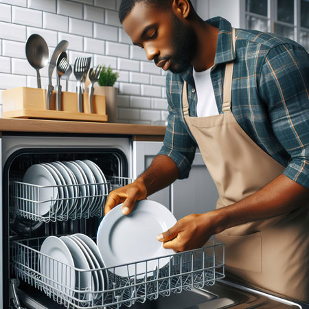 Housework open the dishwasher and the person puts the plate in the machine. High quality photoの素材