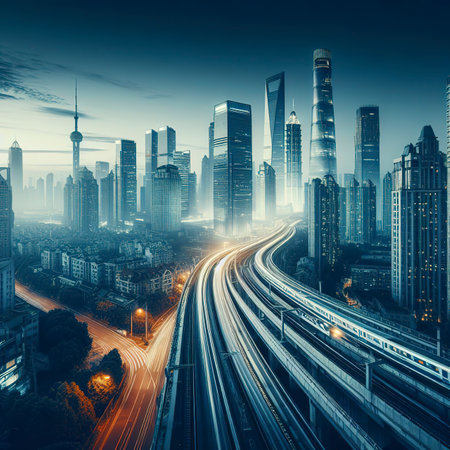 sky train railway in metropolis in night life transportation conceptの素材