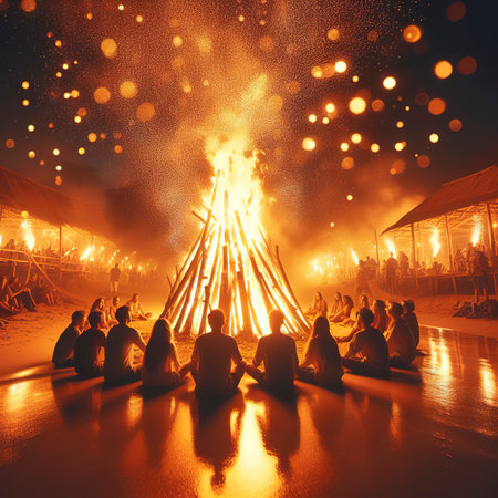 sparking bonfire with tourist people sit around bright bonfireの素材